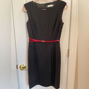 Calvin Klein Pinstripe Dress with Red Belt.